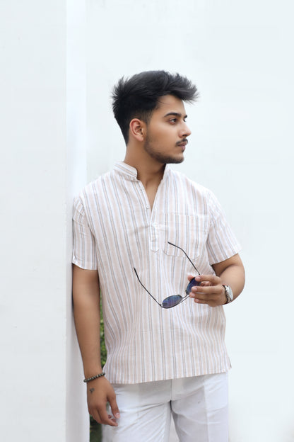 White Striped Half Sleeves Short Kurta-Skin