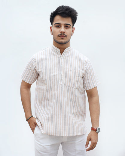 White Striped Half Sleeves Short Kurta-Skin