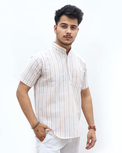 White Striped Half Sleeves Short Kurta-Skin