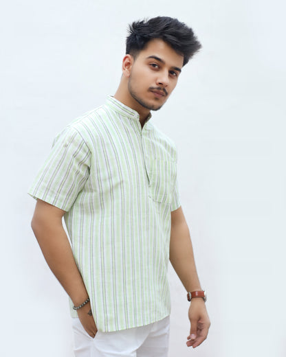 White Striped Half Sleeves Short Kurta-Green