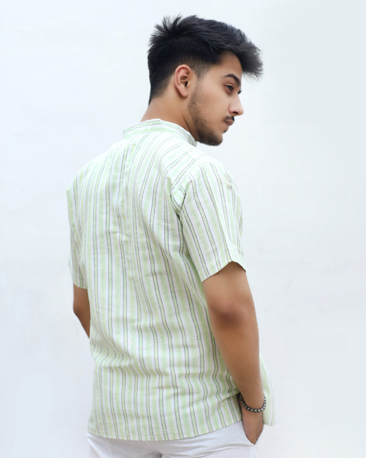 White Striped Half Sleeves Short Kurta-Green