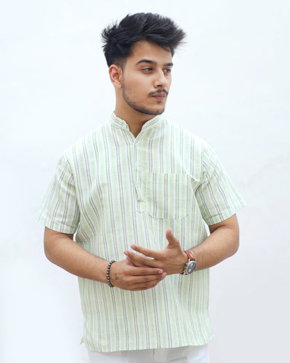 White Striped Half Sleeves Short Kurta-Green