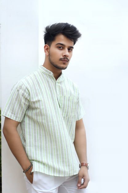 White Striped Half Sleeves Short Kurta-Green