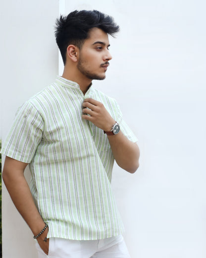 White Striped Half Sleeves Short Kurta-Green