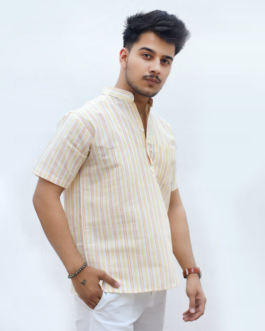 White Striped Half Sleeves Short Kurta-Yellow
