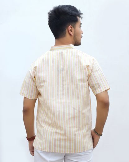 White Striped Half Sleeves Short Kurta-Yellow