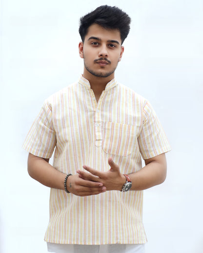 White Striped Half Sleeves Short Kurta-Yellow