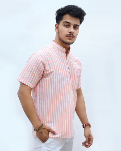 White Striped Half Sleeves Short Kurta-Orange