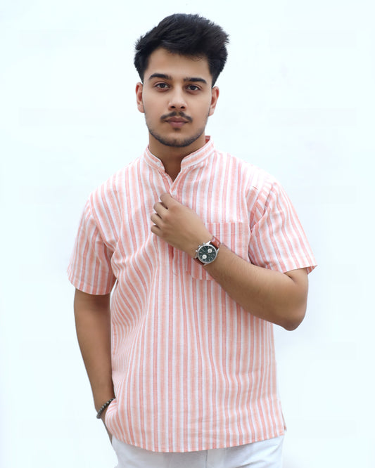 White Striped Half Sleeves Short Kurta-Orange