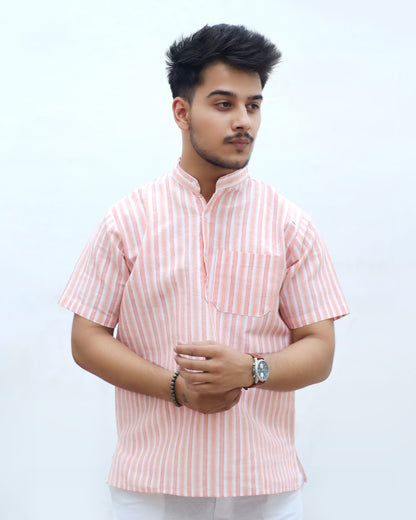 White Striped Half Sleeves Short Kurta-Orange