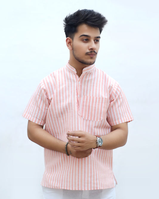 White Striped Half Sleeves Short Kurta-Orange