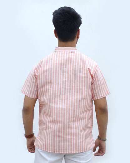 White Striped Half Sleeves Short Kurta-Orange