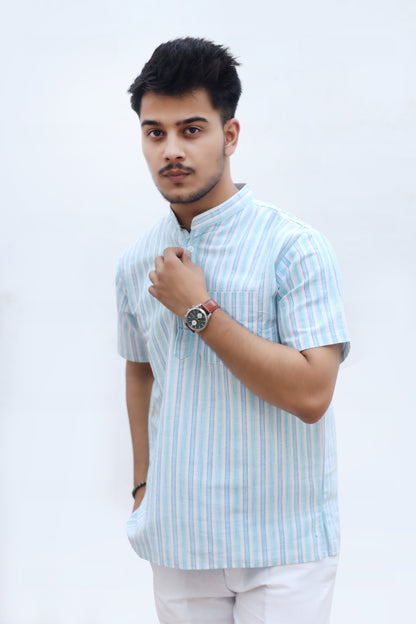 White Striped Half Sleeves Short Kurta-Blue