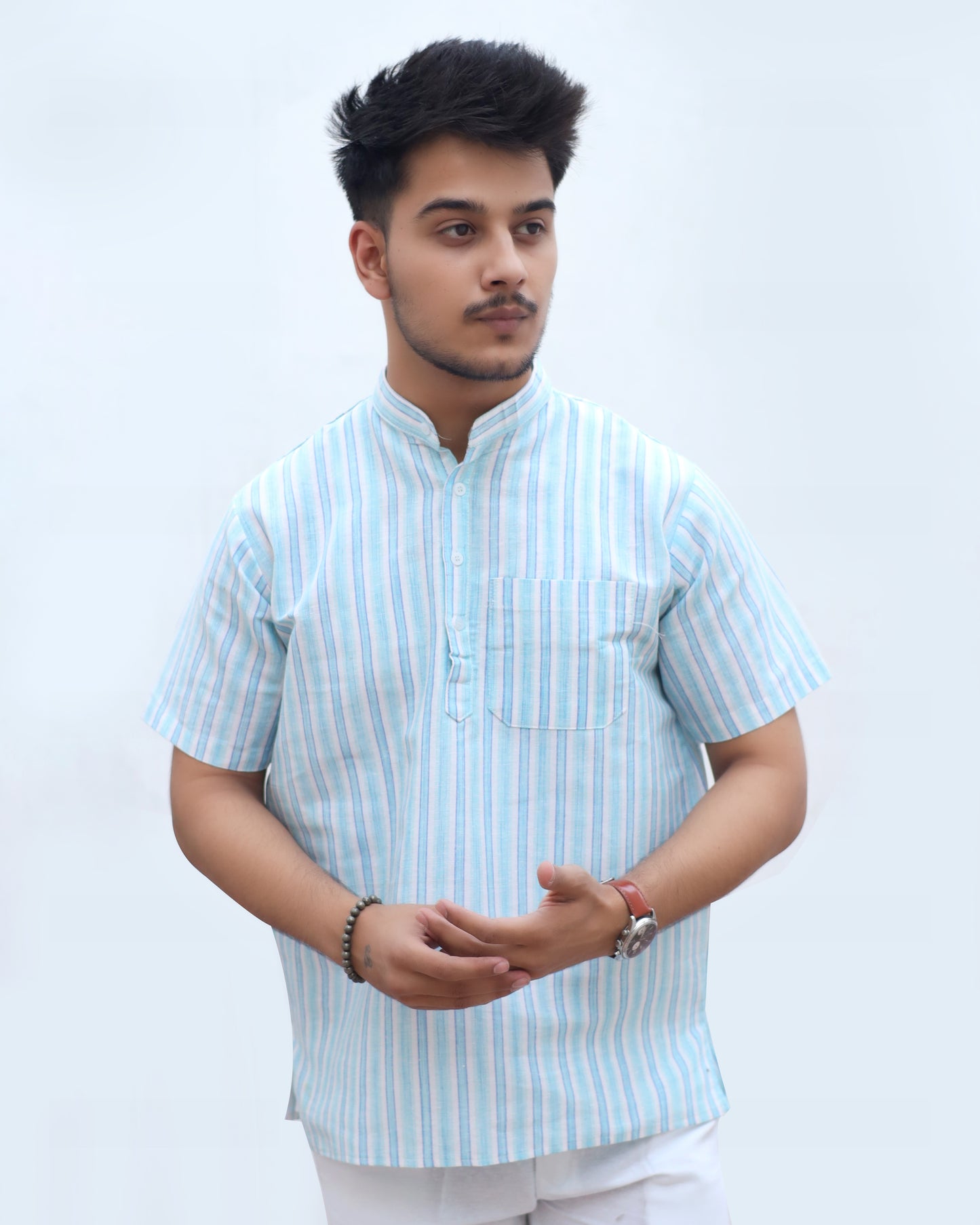 White Striped Half Sleeves Short Kurta-Blue