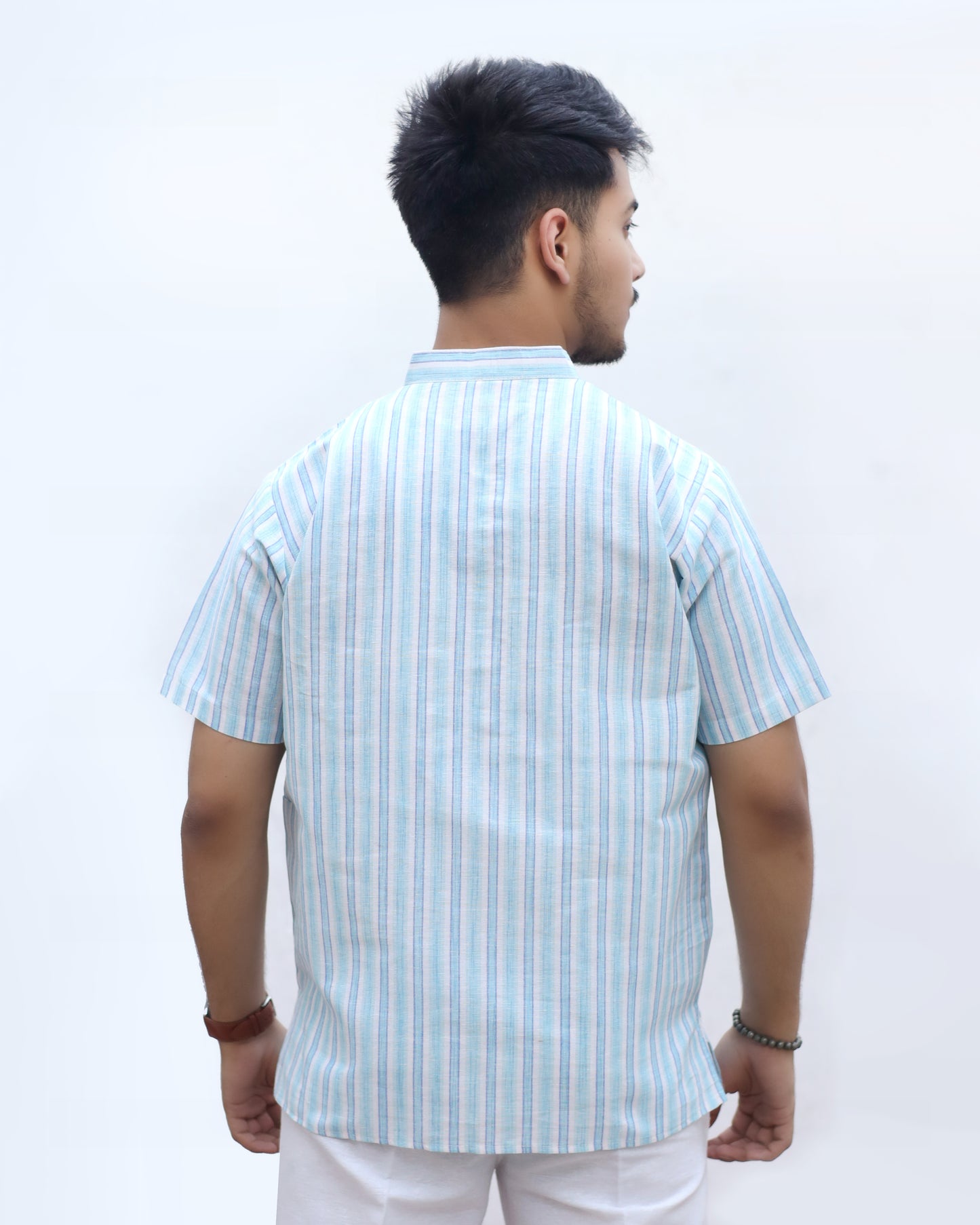 White Striped Half Sleeves Short Kurta-Blue