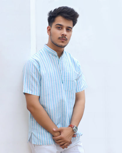 White Striped Half Sleeves Short Kurta-Blue