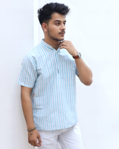 White Striped Half Sleeves Short Kurta-Blue