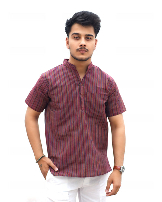 KHADI RED SHORT KURTA HALF SLEEVES