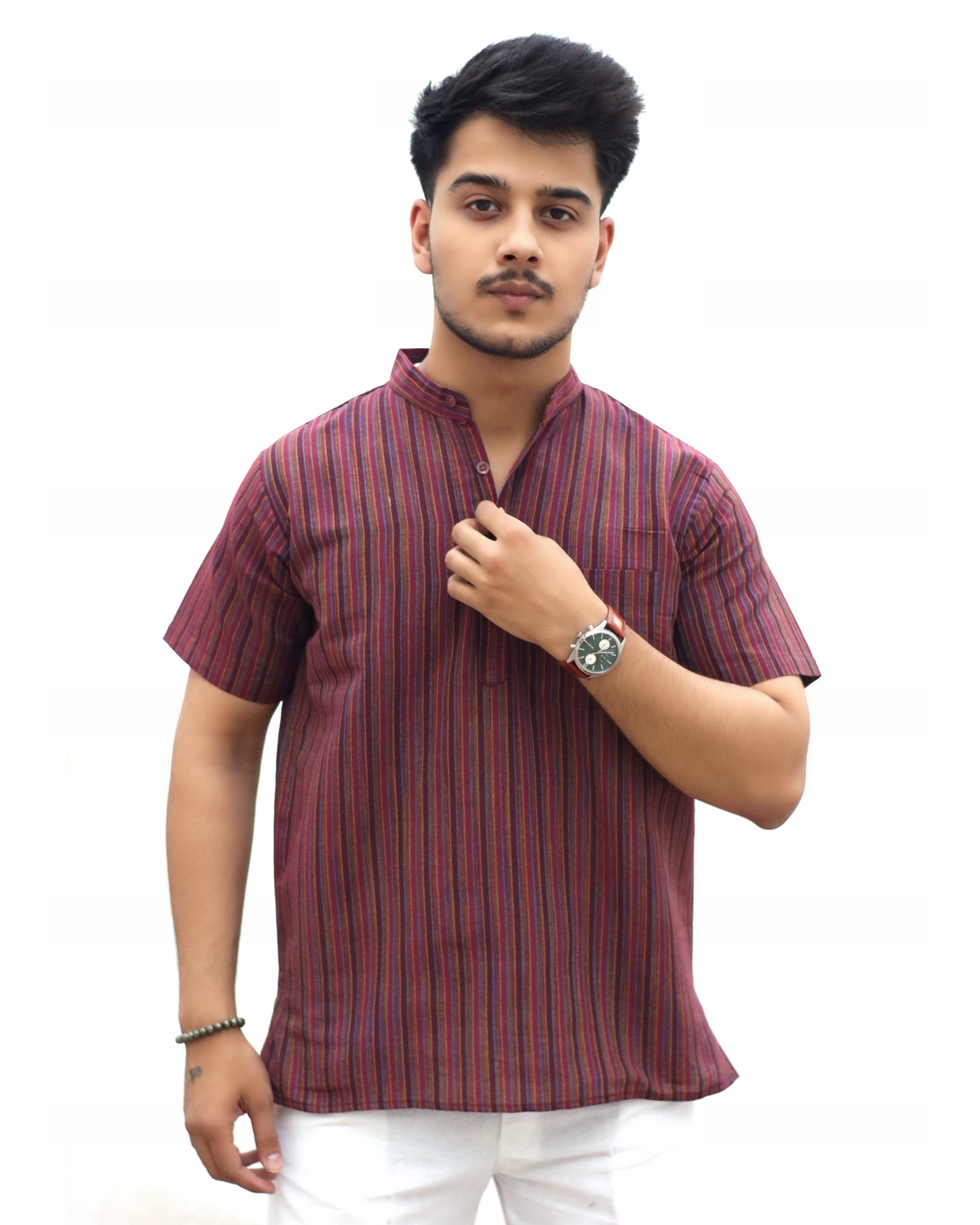 KHADI RED SHORT KURTA HALF SLEEVES