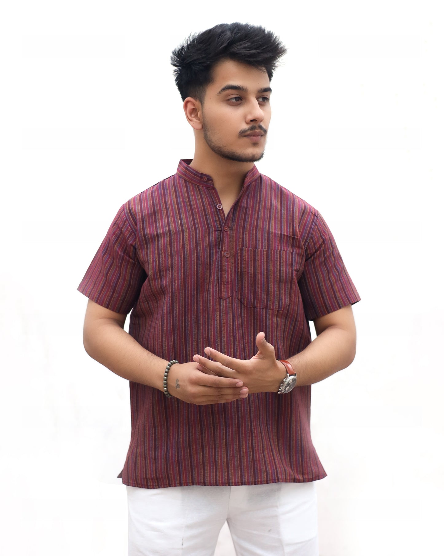 KHADI RED SHORT KURTA HALF SLEEVES