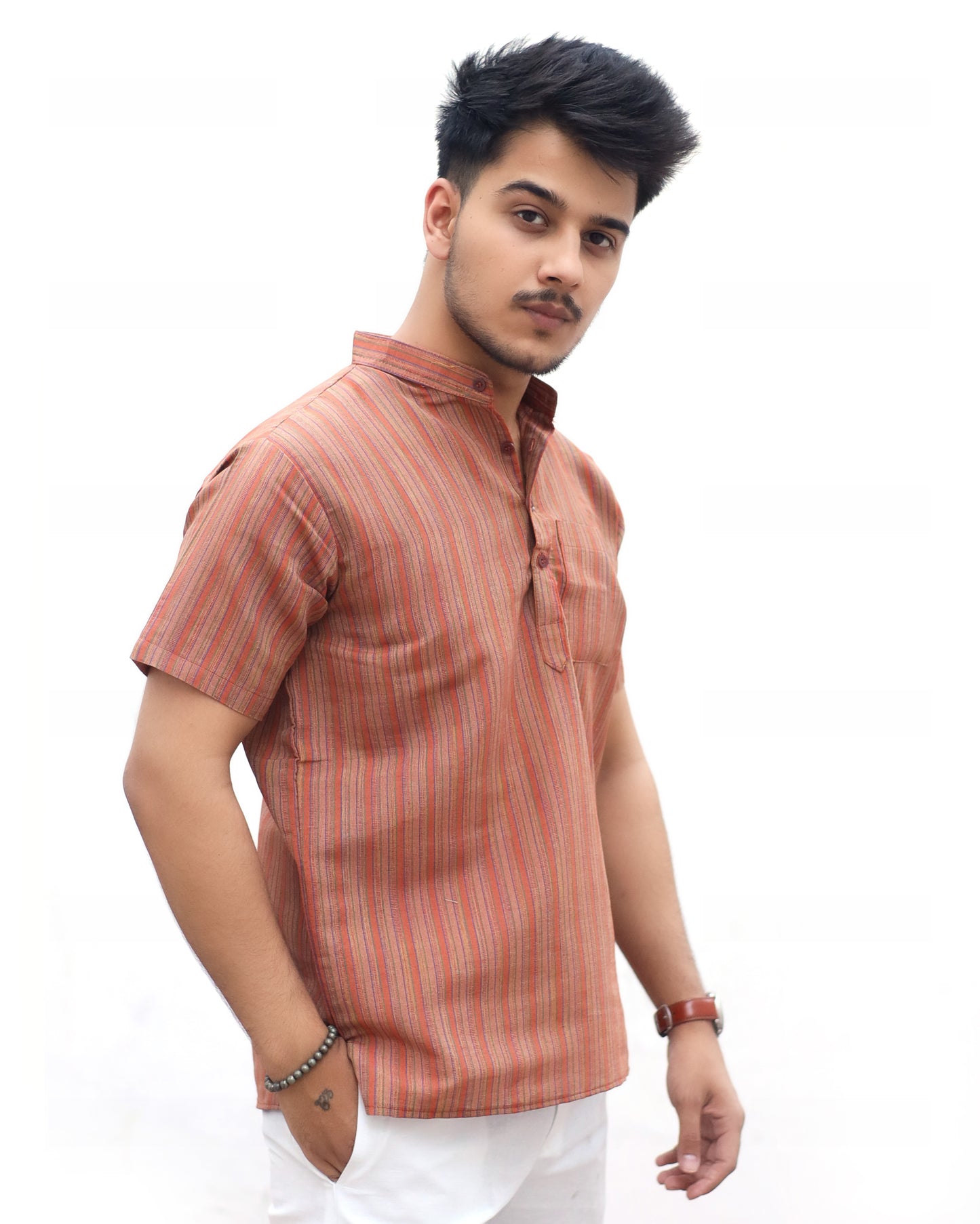 KHADI BROWN SHORT KURTA HALF SLEEVES
