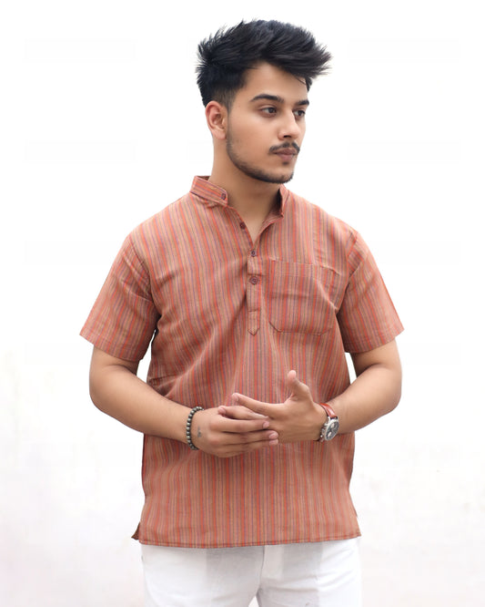 KHADI BROWN SHORT KURTA HALF SLEEVES
