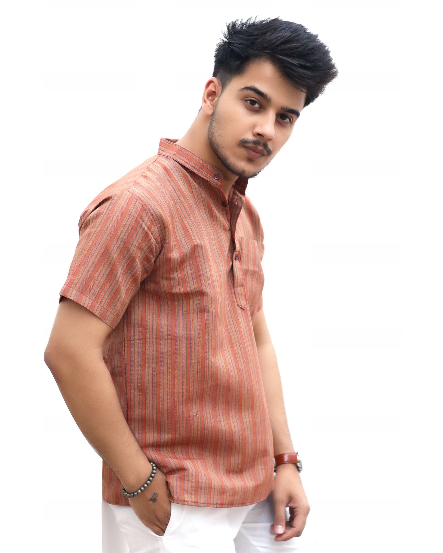 KHADI BROWN SHORT KURTA HALF SLEEVES