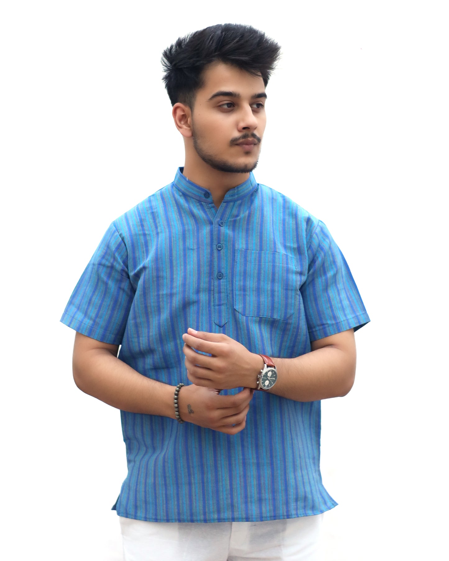 KHADI BLUE SHORT KURTA HALF SLEEVES