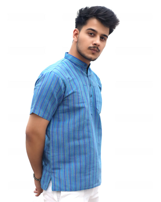KHADI BLUE SHORT KURTA HALF SLEEVES