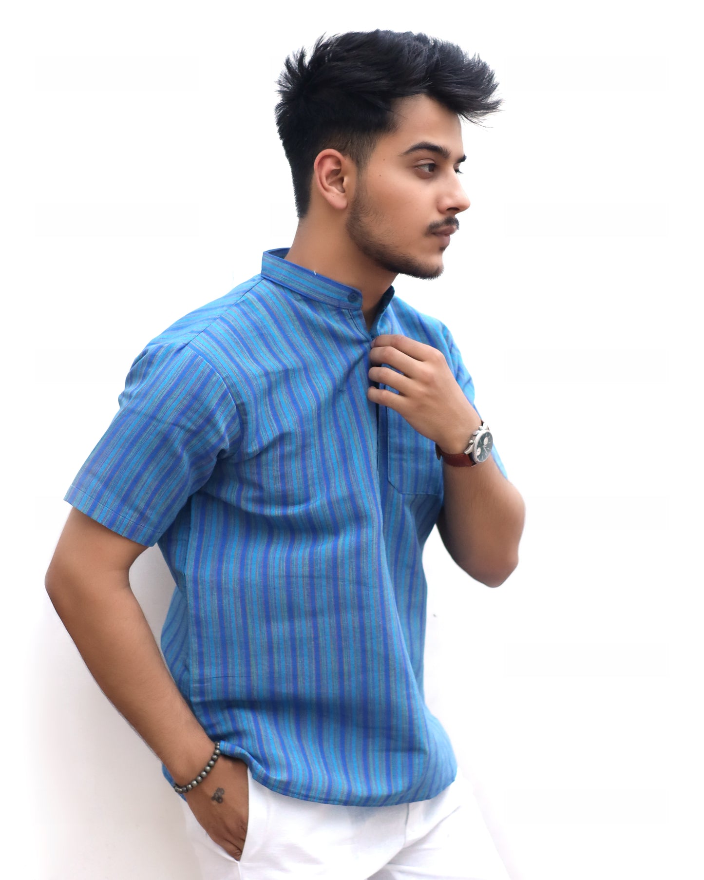 KHADI BLUE SHORT KURTA HALF SLEEVES