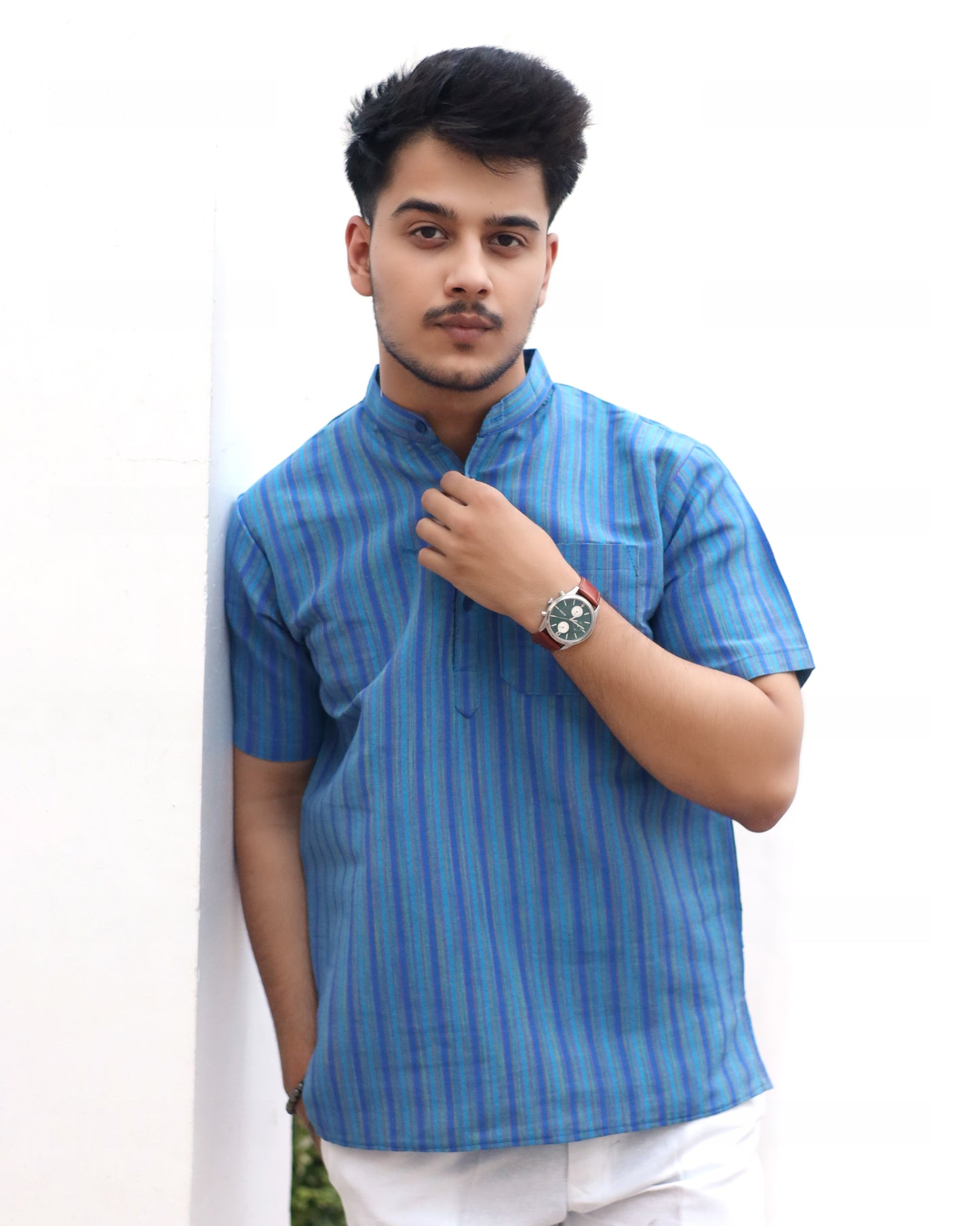 KHADI BLUE SHORT KURTA HALF SLEEVES