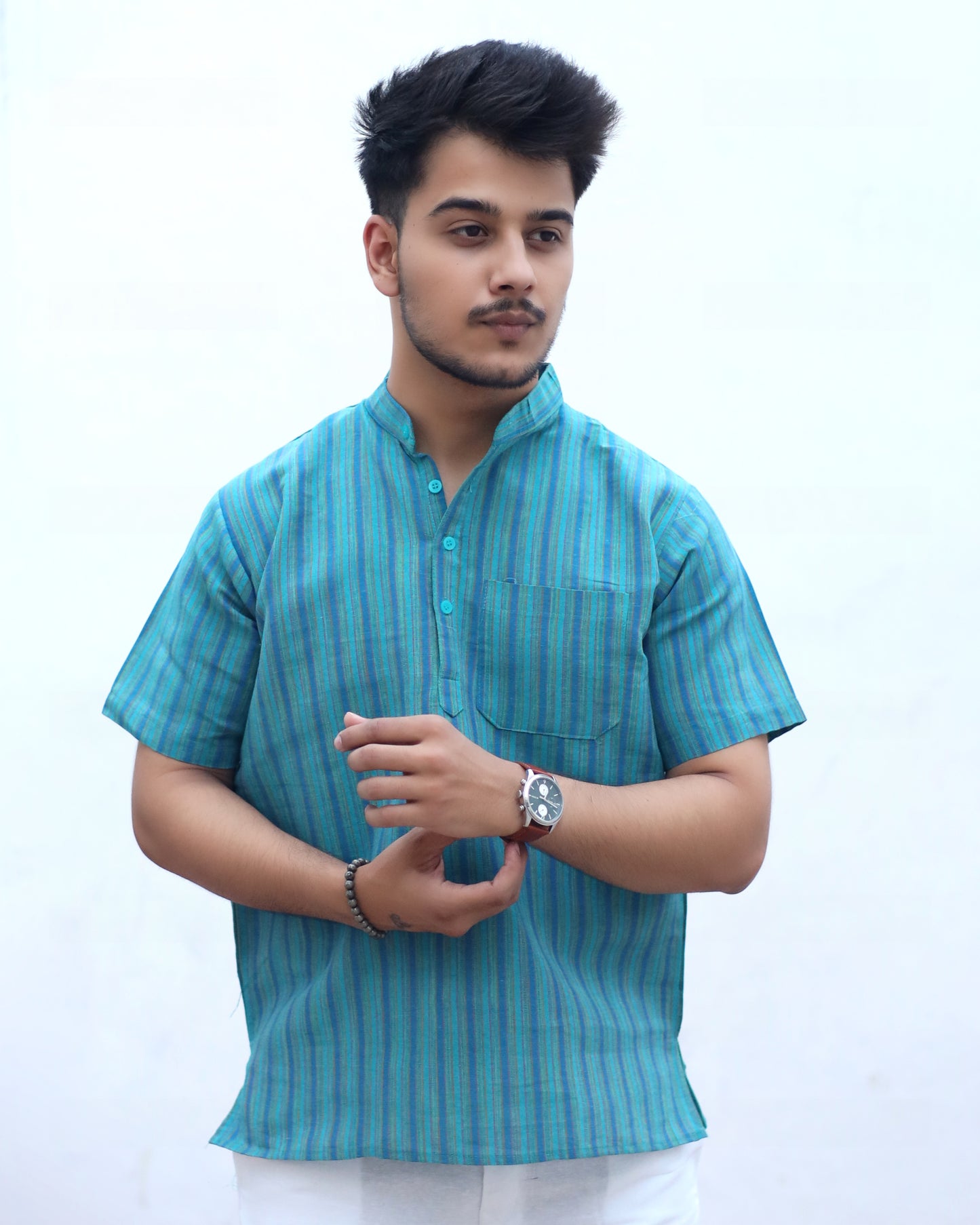 KHADI LIGHT BLUE SHORT KURTA HALF SLEEVES