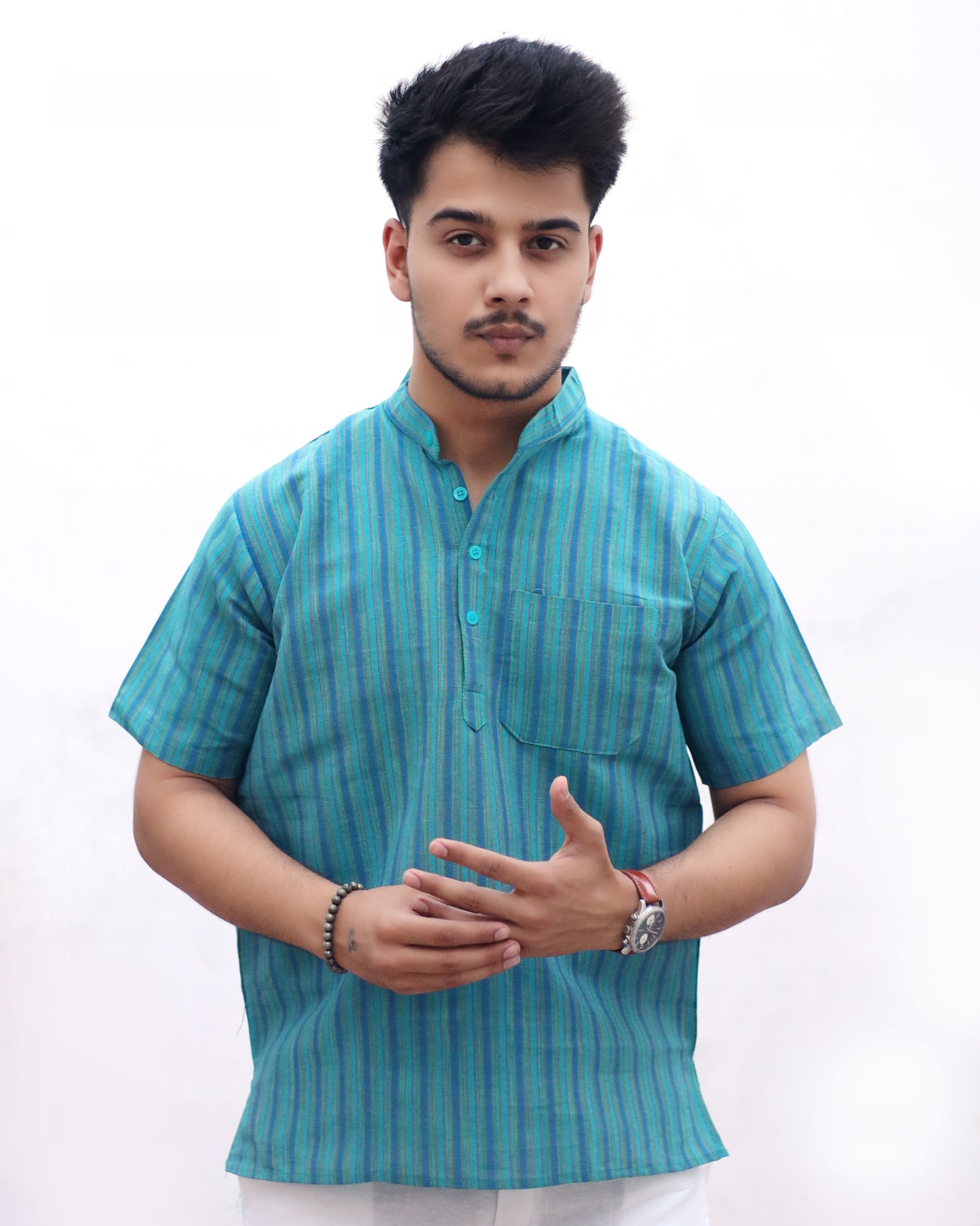KHADI LIGHT BLUE SHORT KURTA HALF SLEEVES