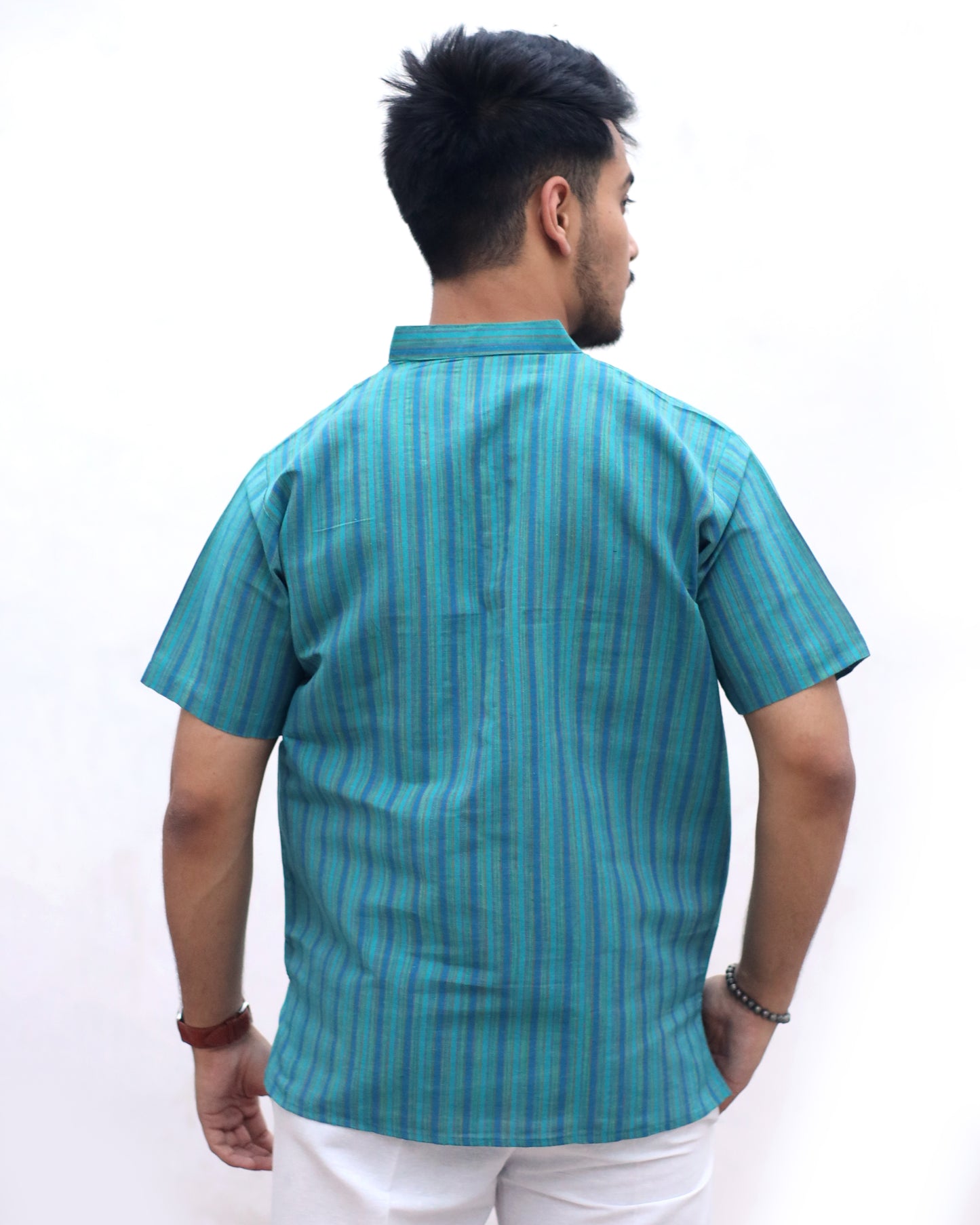 KHADI LIGHT BLUE SHORT KURTA HALF SLEEVES