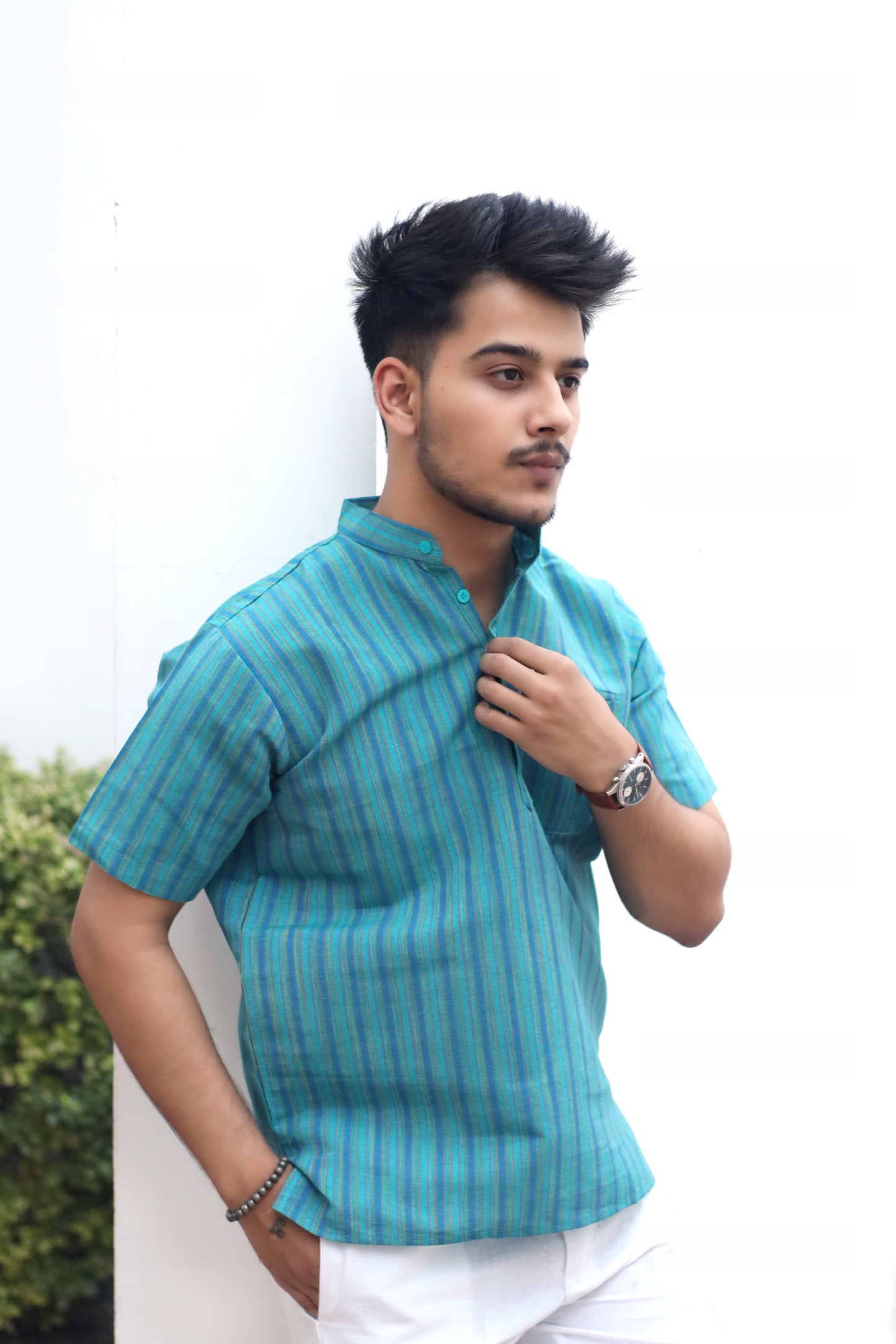 KHADI LIGHT BLUE SHORT KURTA HALF SLEEVES