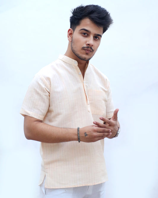 KHADI YELLOW SHORT KURTA HALF SLEEVES