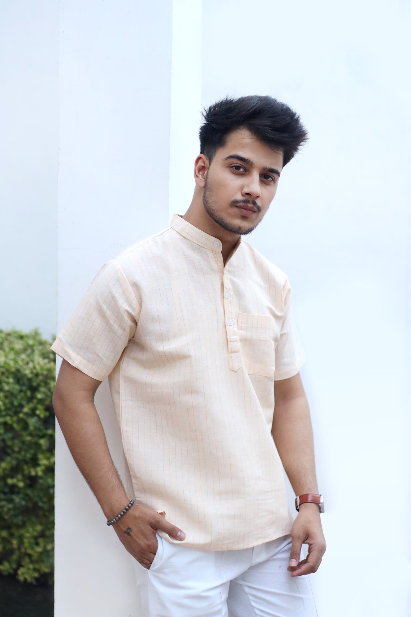 KHADI YELLOW SHORT KURTA HALF SLEEVES
