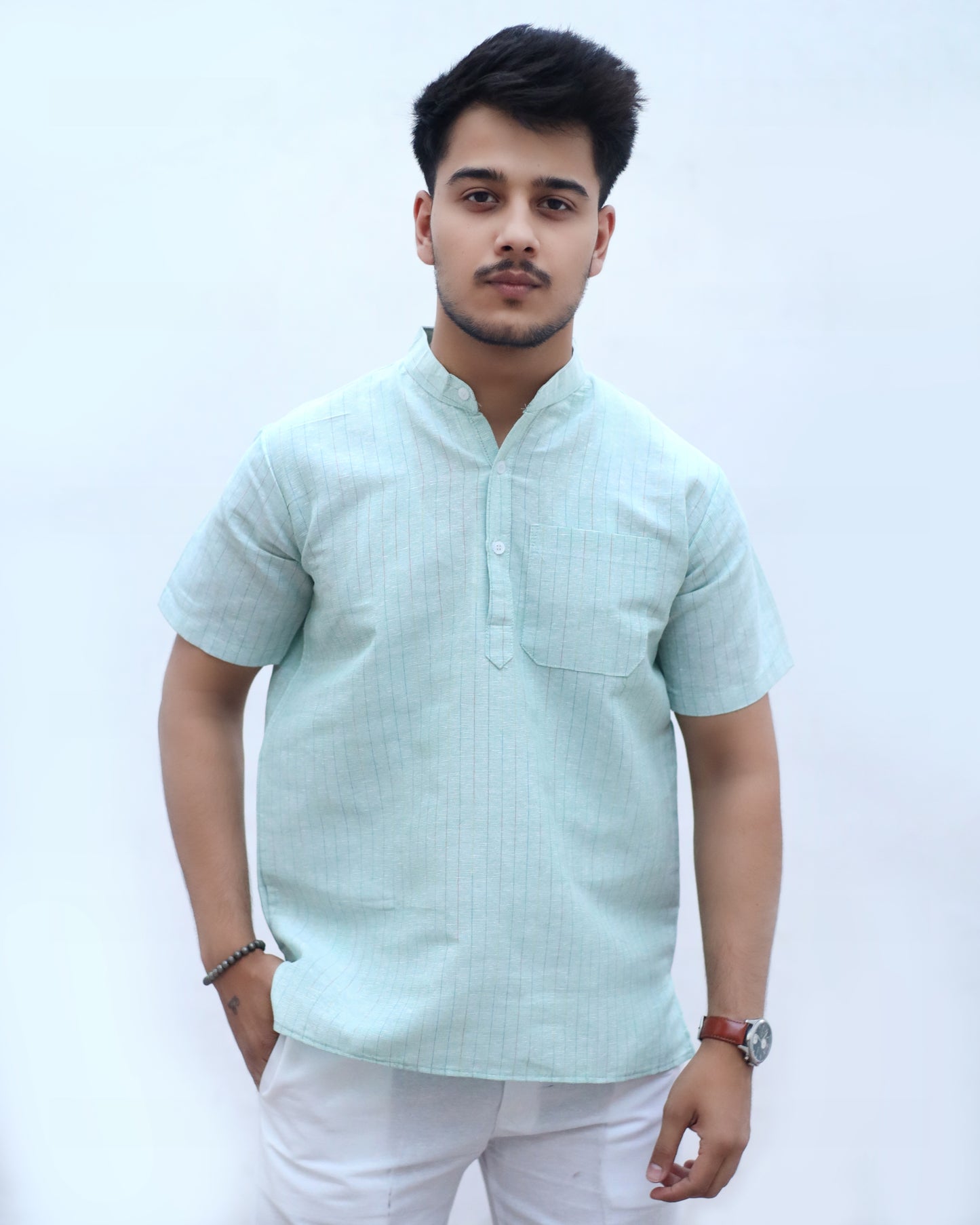 KHADI GREEN SHORT KURTA HALF SLEEVES