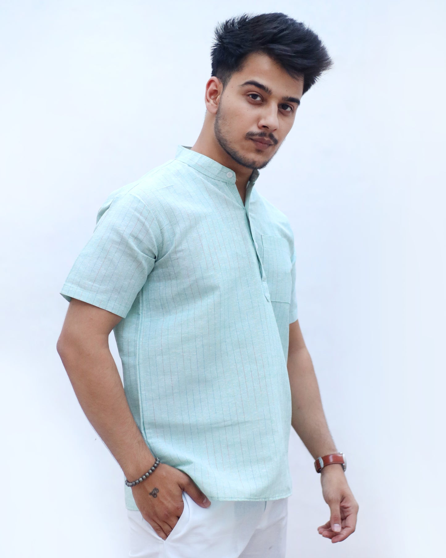 KHADI GREEN SHORT KURTA HALF SLEEVES