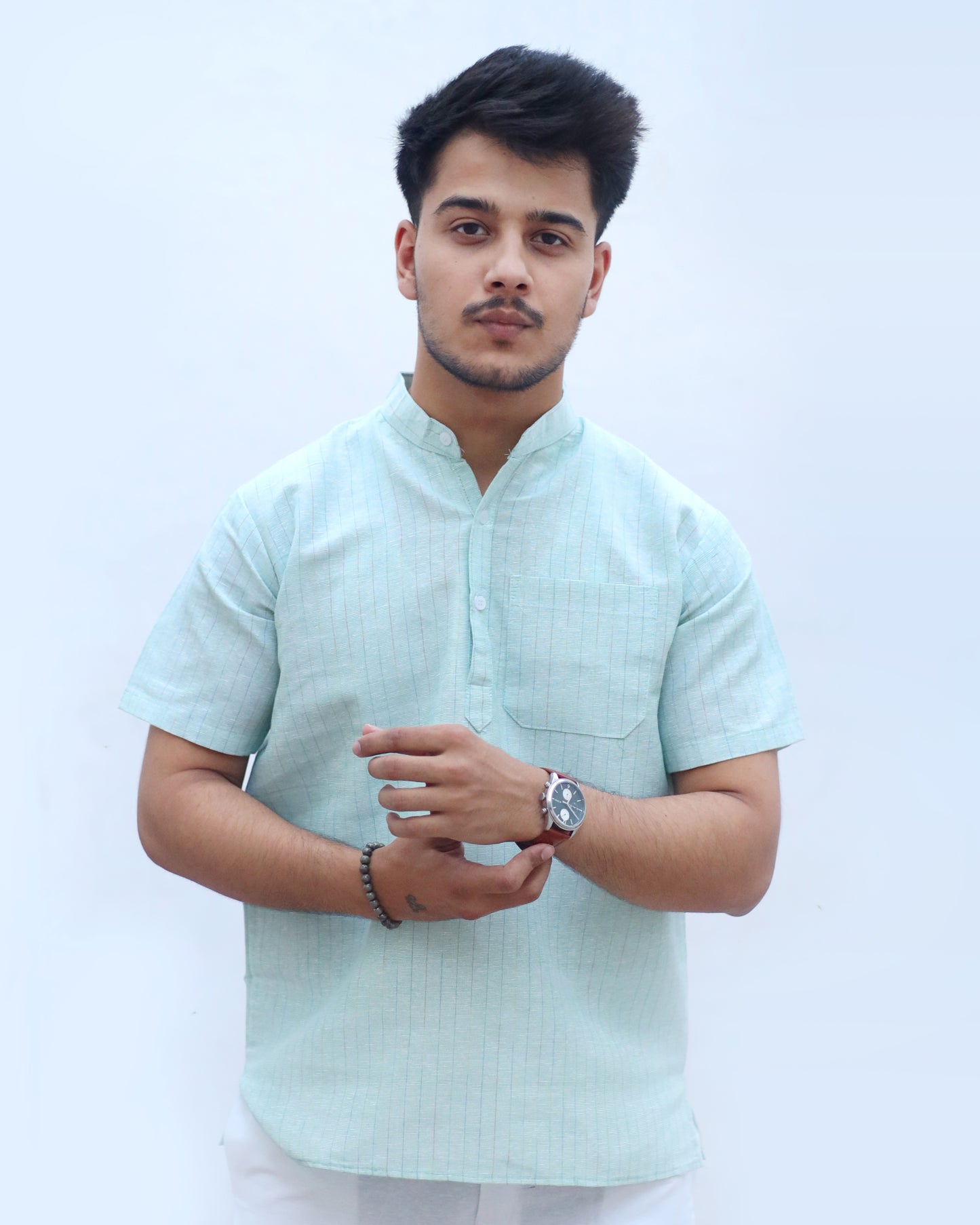 KHADI GREEN SHORT KURTA HALF SLEEVES
