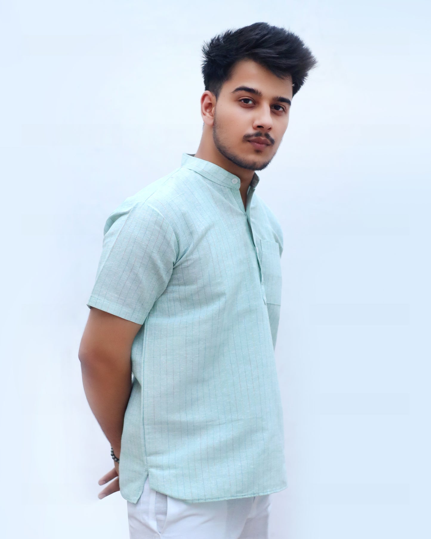 KHADI GREEN SHORT KURTA HALF SLEEVES