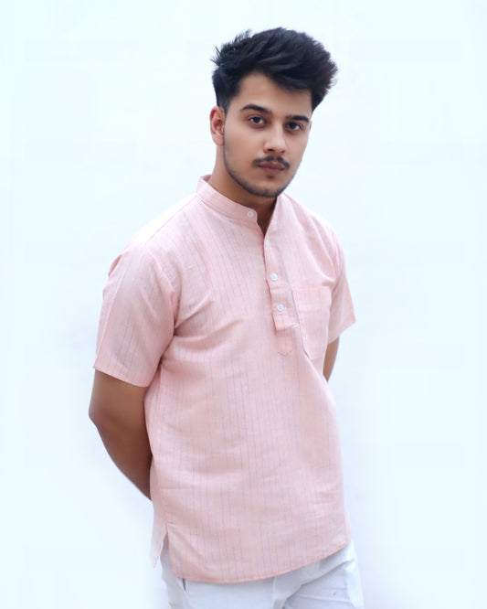 KHADI LIGHT ORANGE SHORT KURTA HALF SLEEVES