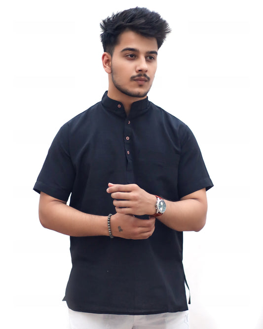Solid Half Sleeves Short Kurta-Black