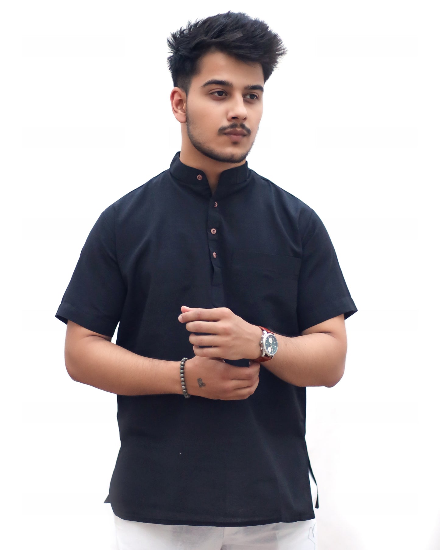 KHADI BLACK SHORT KURTA HALF SLEEVES