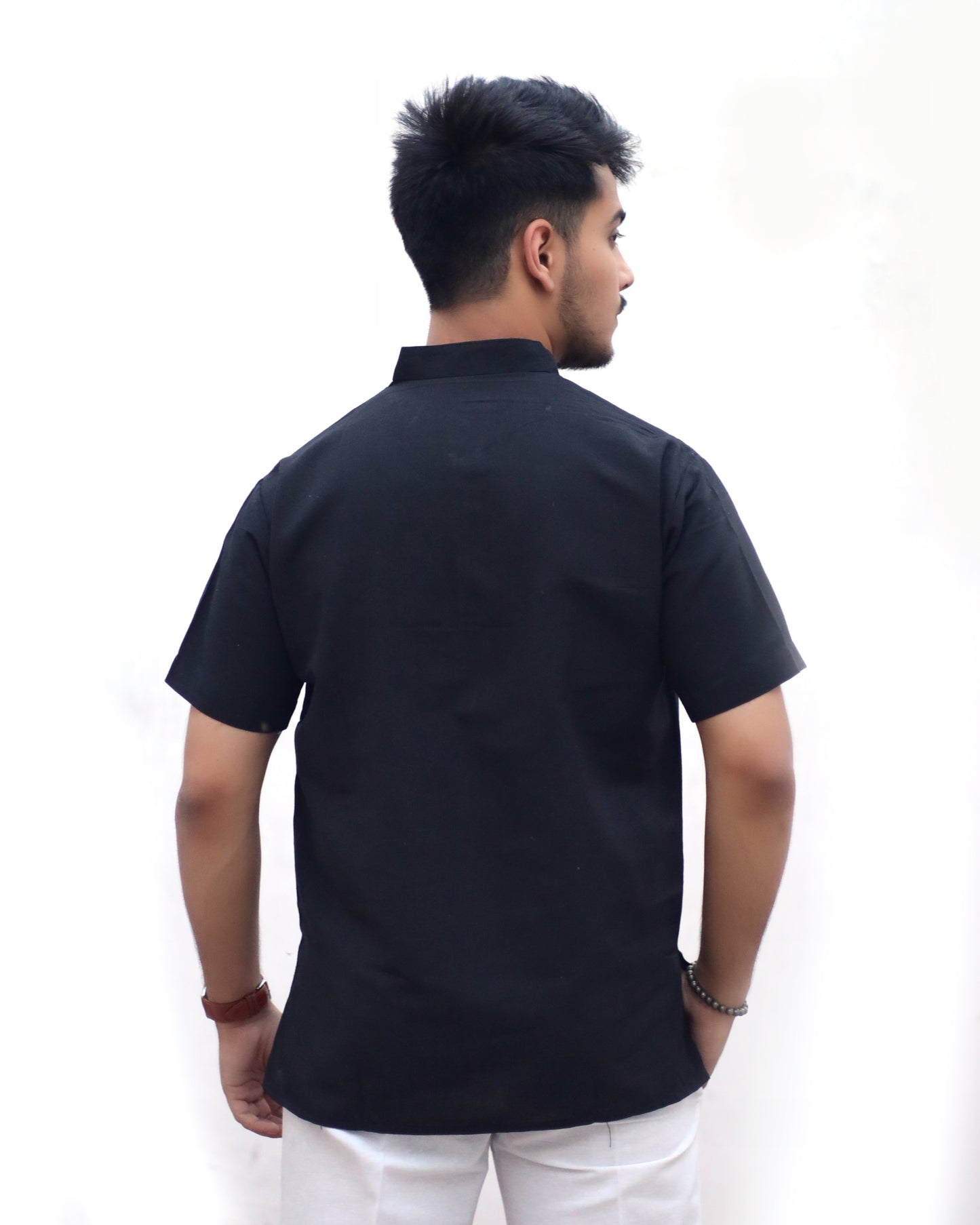 KHADI BLACK SHORT KURTA HALF SLEEVES