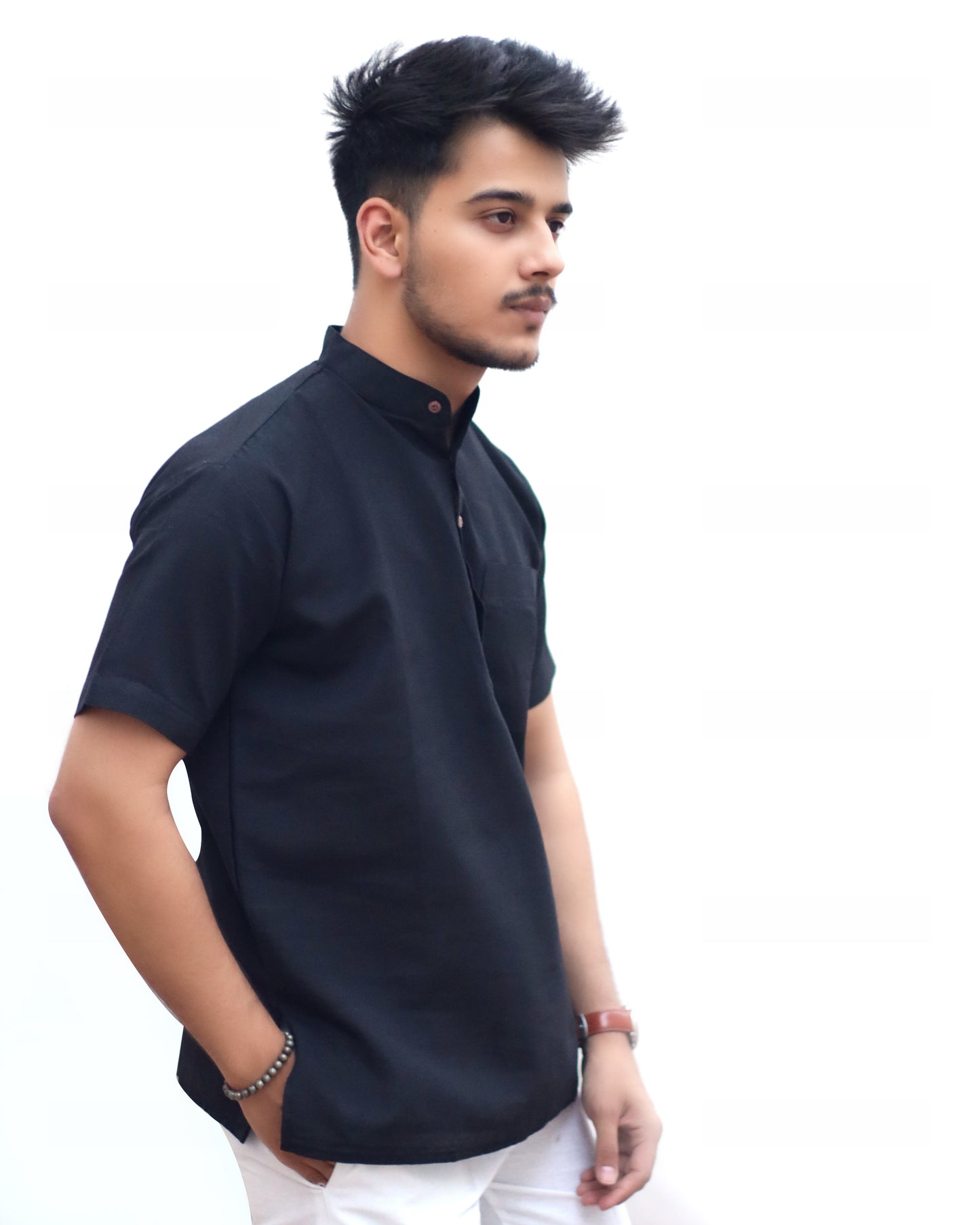 KHADI BLACK SHORT KURTA HALF SLEEVES