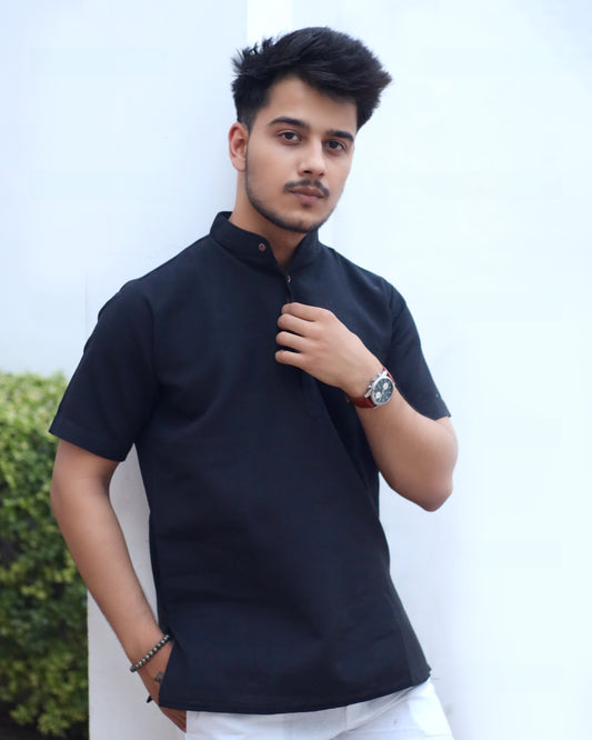 KHADI BLACK SHORT KURTA HALF SLEEVES
