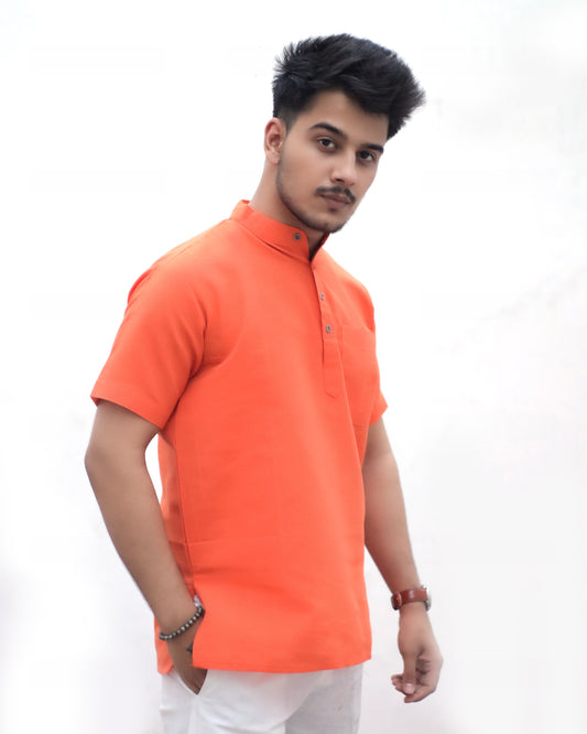 KHADI ORANGE SHORT KURTA HALF SLEEVES