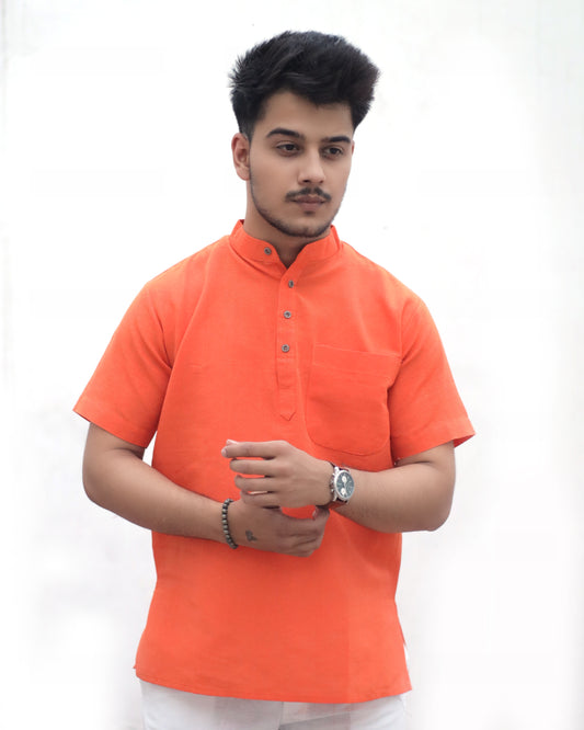 Solid Half Sleeves Short Kurta-Orange