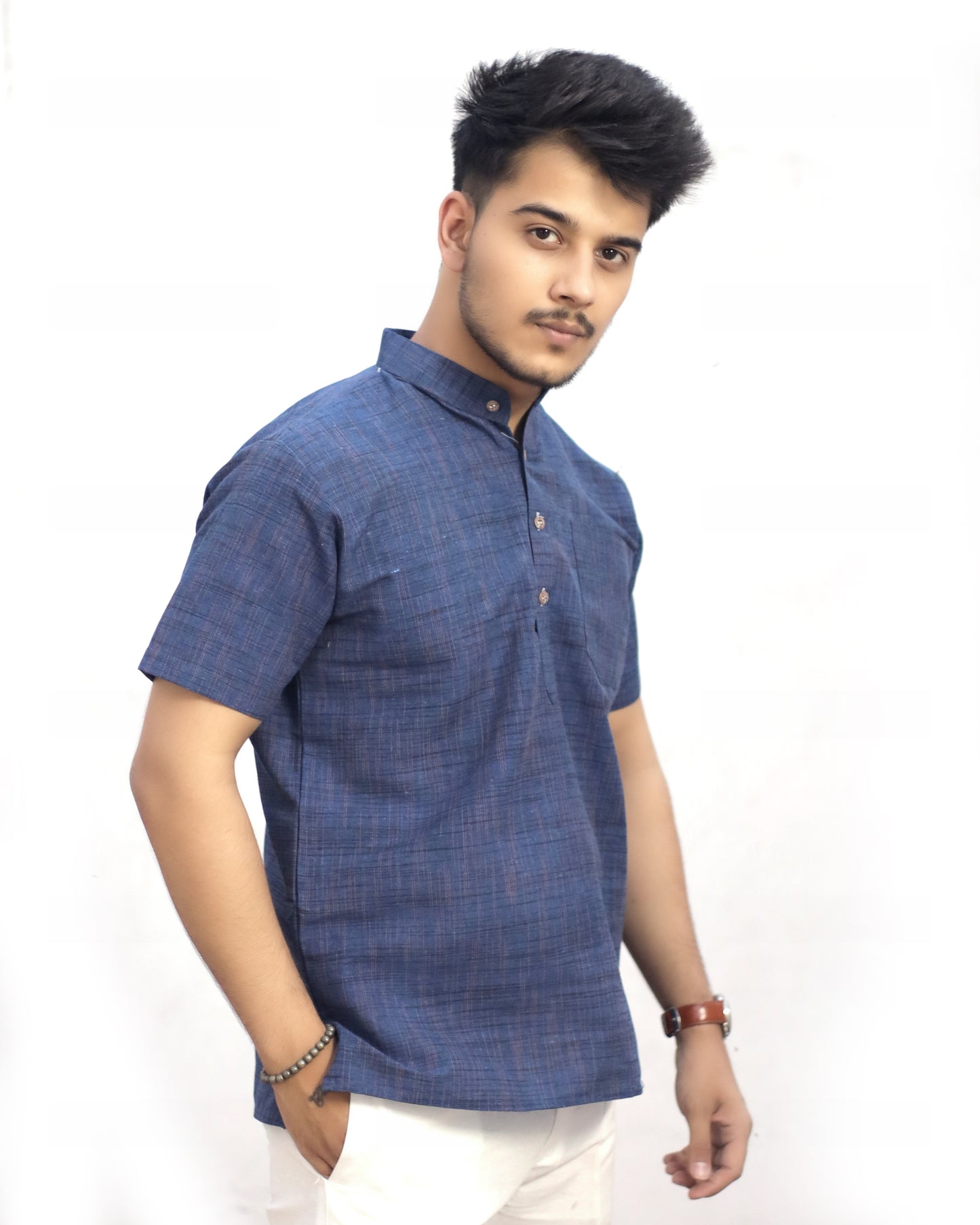 KHADI BLUE DARK JHARNA SHORT KURTA HALF SLEEVES